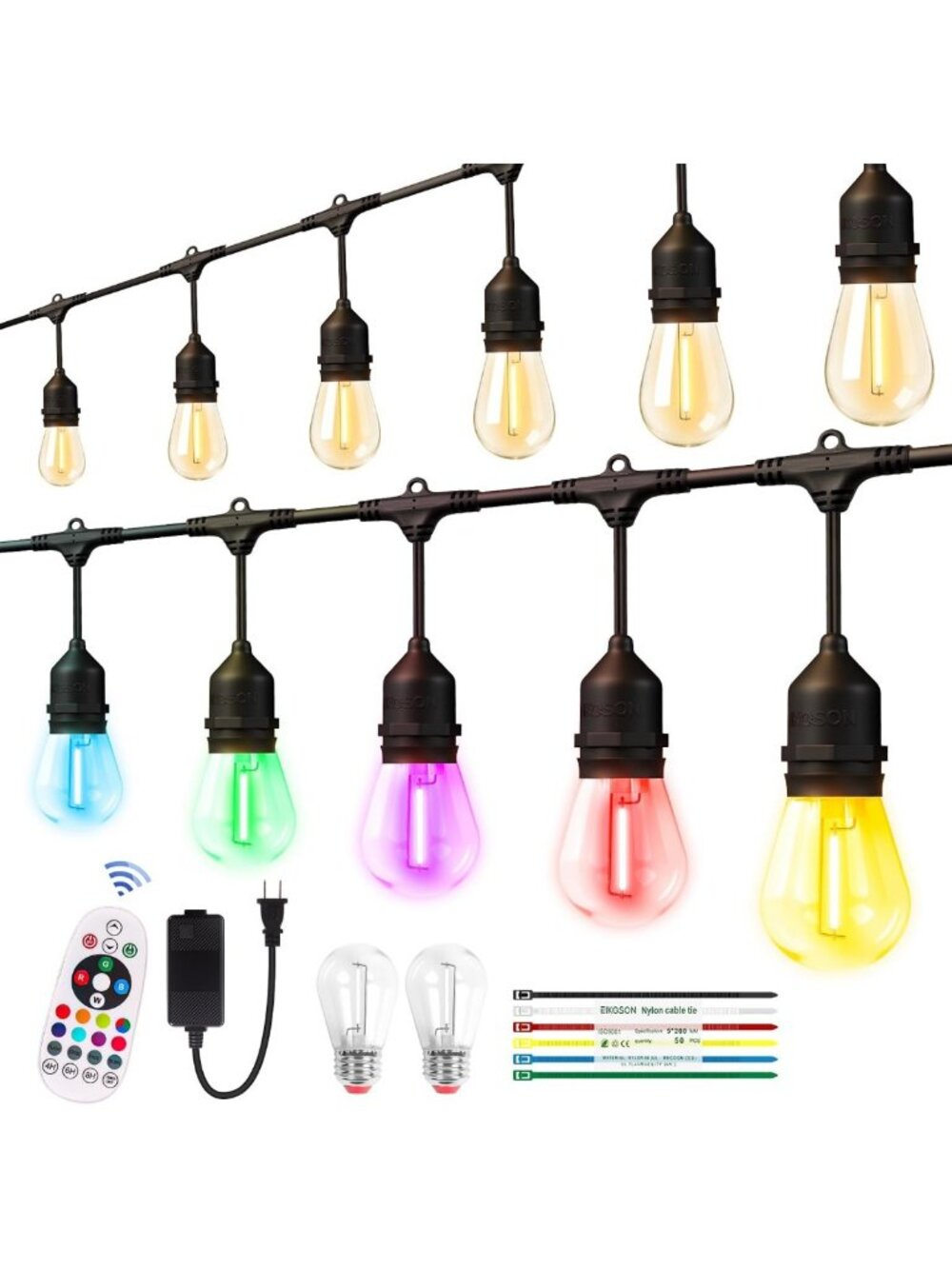 26FT Waterproof Outdoor String Lights, 12 Colors, Remote & Dimmer, Patio Decor